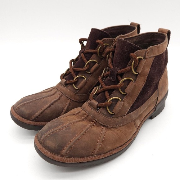 UGG Heather Womens 7.5‎ Duck Rain Ankle Boot Coconut Shell Brown Leather Lace Up - Picture 1 of 9